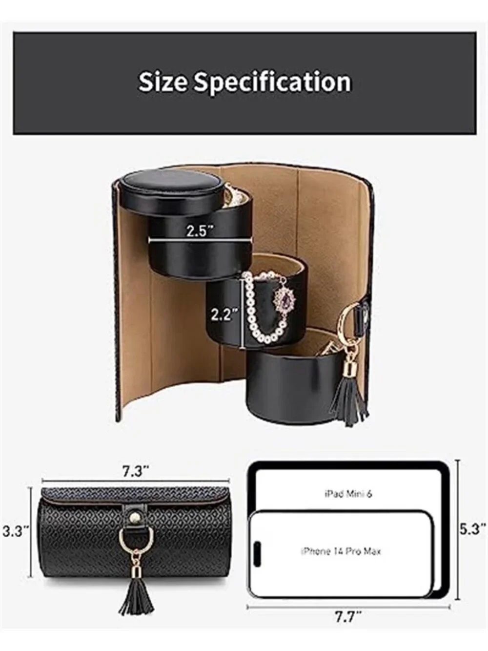 Black Leather Travel Jewelry Organizer Case Women Earring Necklace Watch